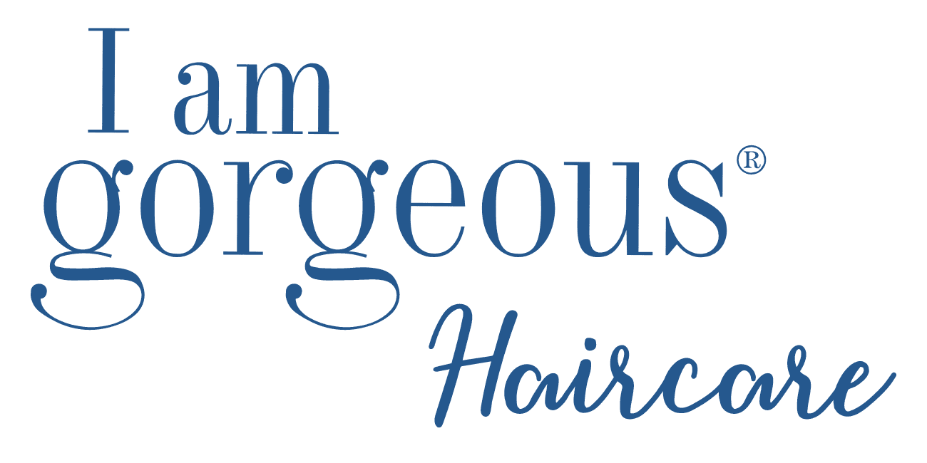 Logo of "I am gorgeous® Haircare" in blue, with stylish, elegant font.