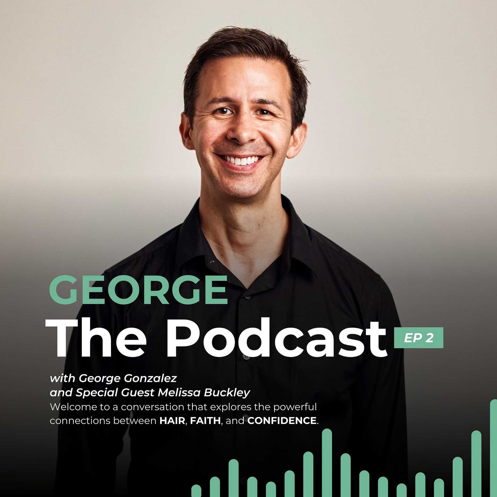 Podcast cover: Smiling host with stylish waves, text details episode topic and special guest.